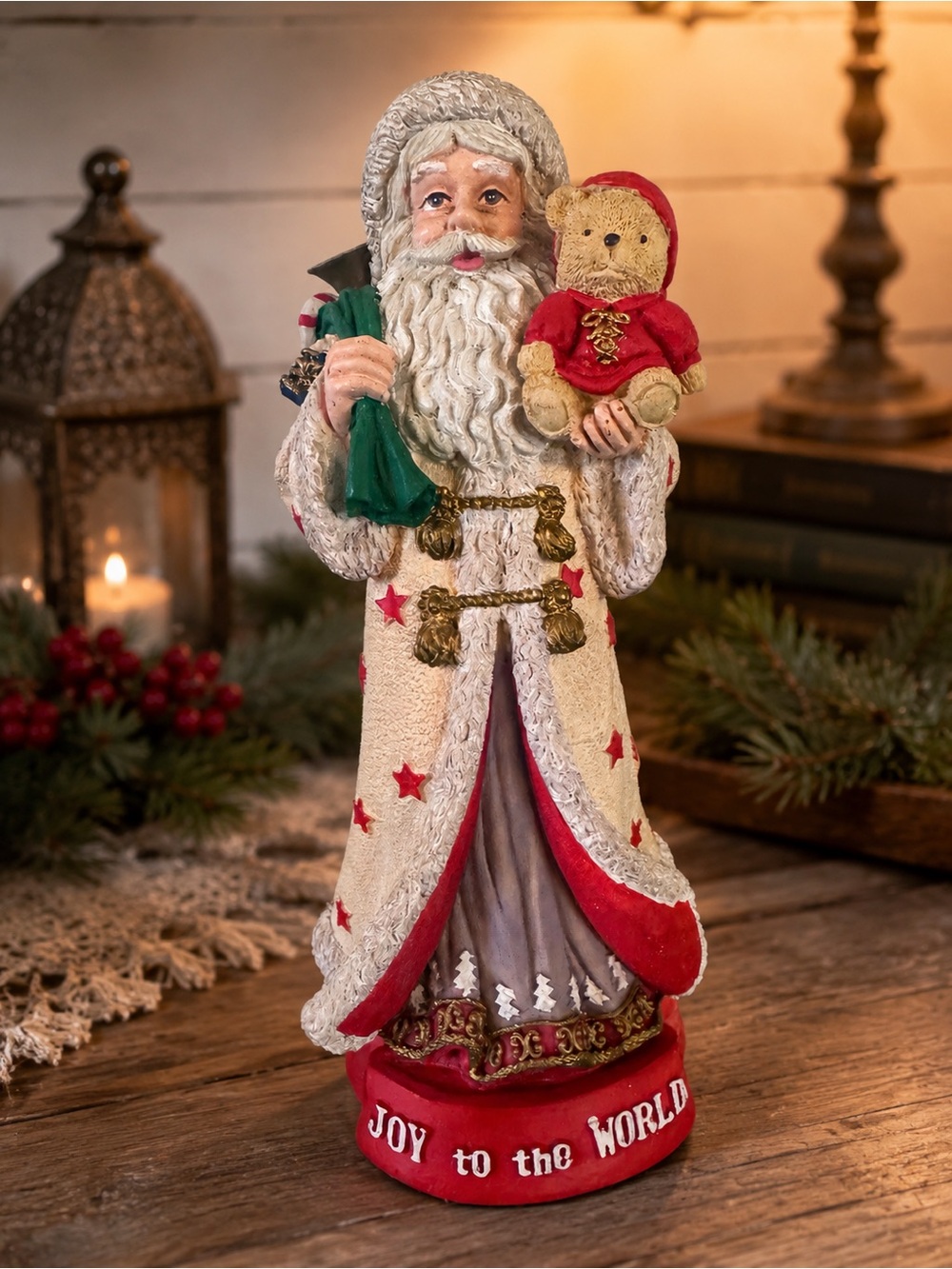 Vintage Cheryl Ann Santa with Teddy Musical Figurine - Red and Cream